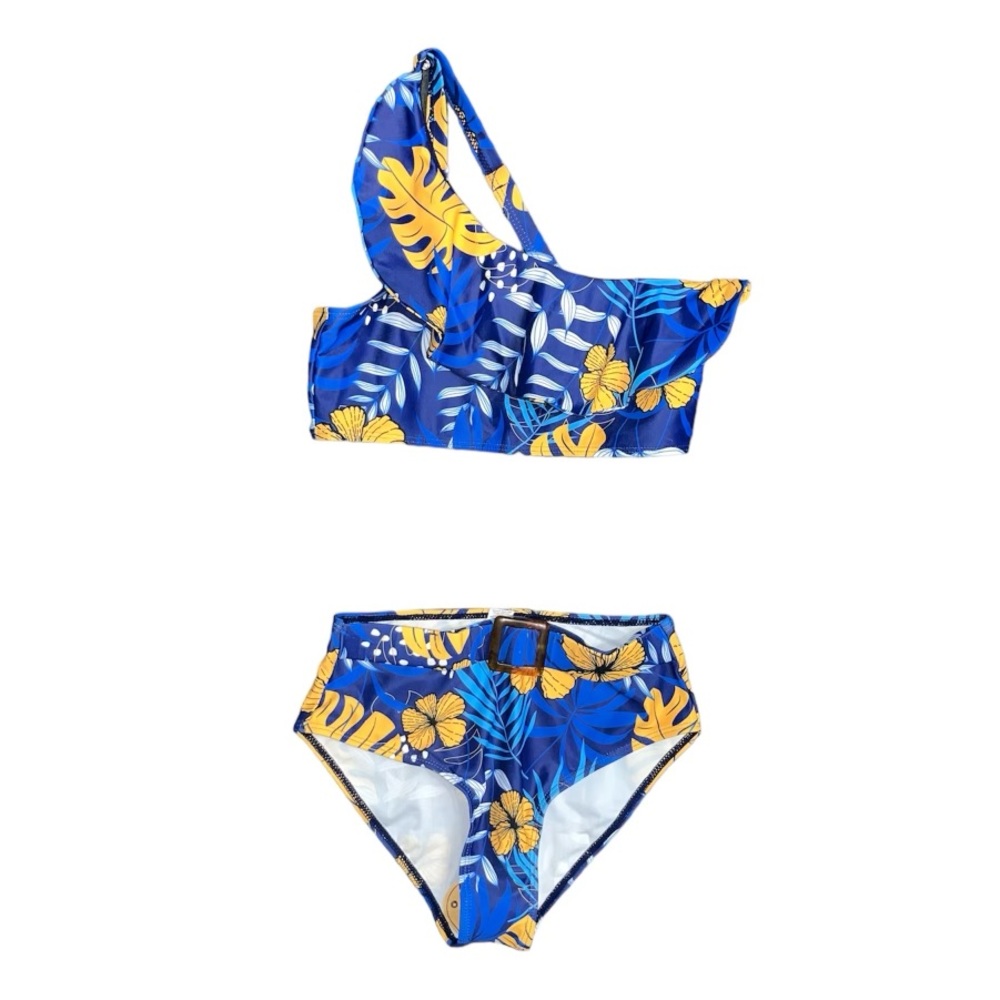 Blue & Yellow Floral One Strapless Hawaiian Bikini Swimsuit
